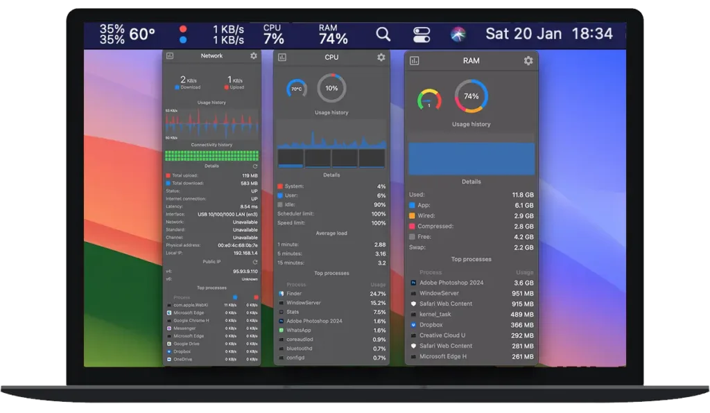 Funcionamento da aplicação Stats com as diferentes estatísticas do sistema macOS